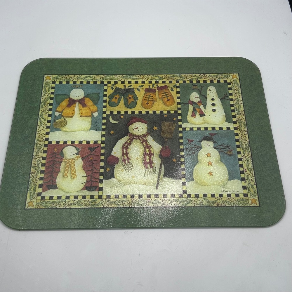 Debbie Mumm Glass Cutting Board Green Snowman Folk Art Country Core